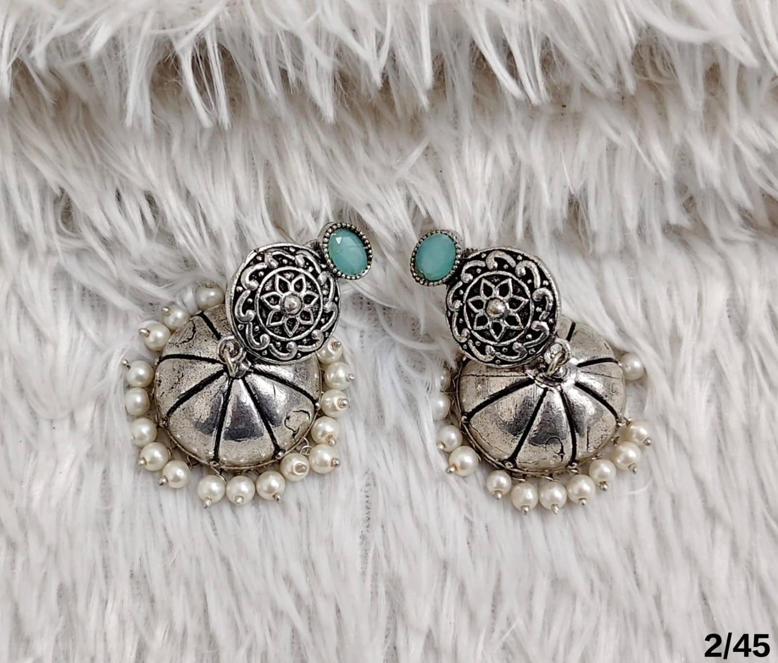 Oxidised Dome Earrings with Carved Stud and Pearl Detailing – Antique Finish